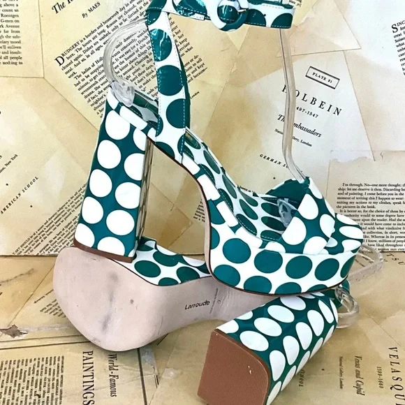 Anthropologie Larroude Dolly Platform Sandal Green White Patent Polka Dot - Picture 4 of 10